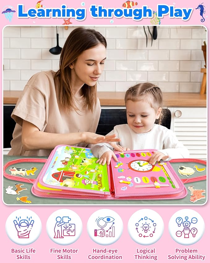 Gojmzo Busy Board Montessori Toys for Toddler Girl Birthday Gifts, Busy Book Sensory Toys for Toddlers, Learning Educational Toddler Travel Activities