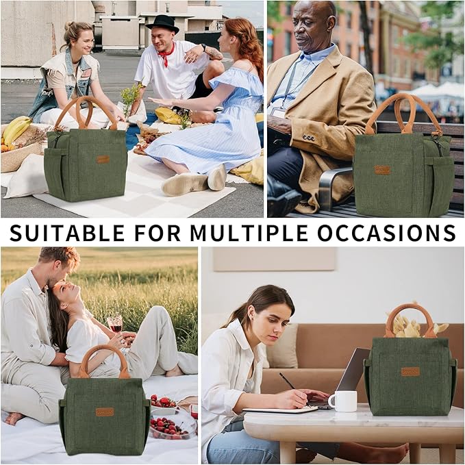 Joymee Lunch Bag Women Insulated Lunch Box with Adjustable Shoulder Strap Large Reusable Leakproof Spacious Cooler Tote for Women Men Adult with Bottle Holder and Side Pockets - Green