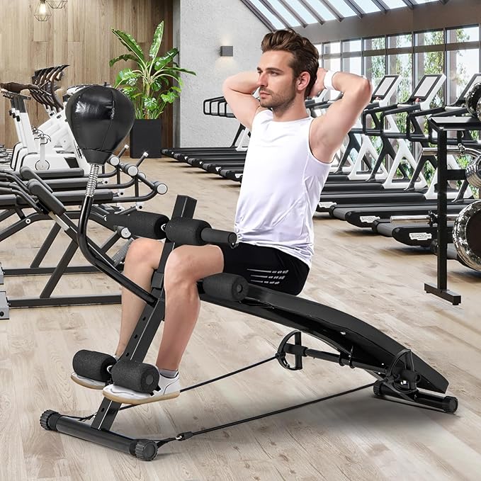 Goplus Adjustable Decline Sit Up Bench for Exercise, Foldable Curved Slant Bench with Speed Ball, Pump & 2 Resistance Bands, Heavy Duty Metal Frame, Full Body Ab Workout Equipment for Home Gym, Black