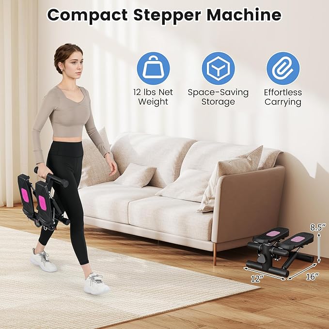 GYMAX Steppers for Exercise at Home, Hydraulic Mini Stair Stepper with Resistance Bands & LCD Monitor, Portable Under Desk Cardio Equipment Step Machine for Home Gym