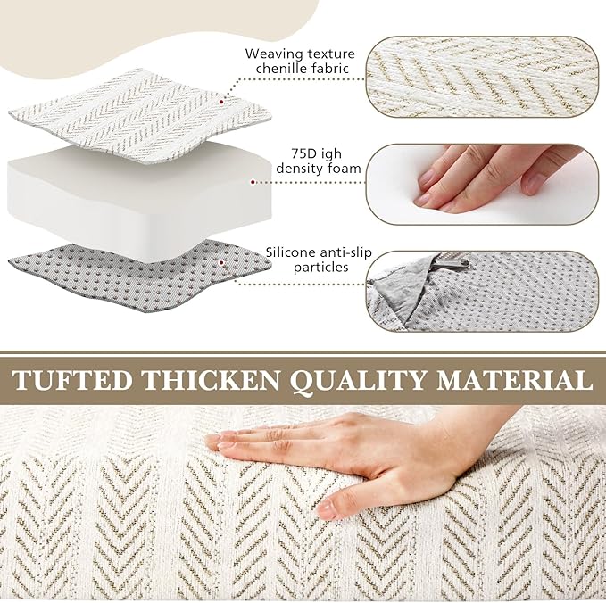 Leinuosen Bench Cushion 42x16x4 Inch for Indoor Furniture Weaving Texture Chenille Kitchen Bay Window Non Slip Seat Cushion Tufted Thicken Pad for Patio Porch, Mudroom Entryway (Beige and White)
