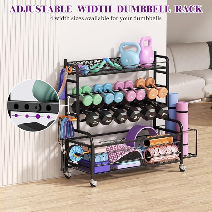 400LBS Dumbbell Rack, VOPEAK Adjustable Weight Rack for Home Gym, Home Gym Storage Rack for Yoga Mat Kettlebells and Strength Training Equipment, Weight Storage Rack for Dumbbells with Wheels
