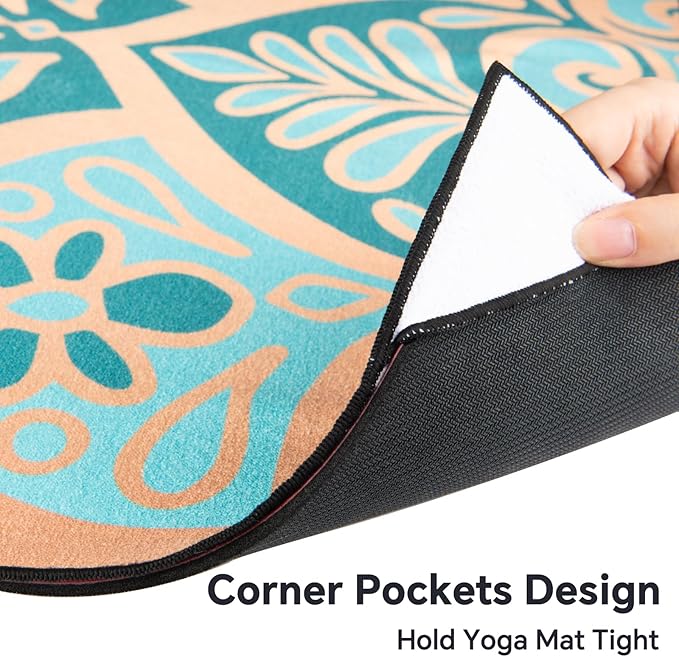 Colorful Star Yoga Towel with Corner Pockets, Non Slip Grip Dots Absorbent Hot Yoga Mat Towels, Yoga Blankets with Travel Bag, Mat Cover for Workout, Gym, Fitness - 70"x26", Turquoise Gold Mandala