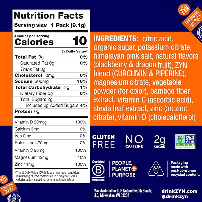 ZYN Electrolyte Drink Mix Hydration Packets, BlackBerry Dragonfruit Electrolytes Powder, Hydration Packets w/Turmeric Curcumin, Vitamin C & D, Zinc, Hydrate & Recover Electrolyte Powder, Pack of 16