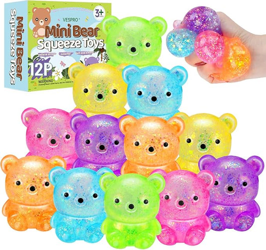 12Pack Fidget Toys Squishy ,Cute Bear Squeeze Ball , Stress Balls for Stress Relief,Pull Stretch Classroom Prize Party Favors Toys for Kids