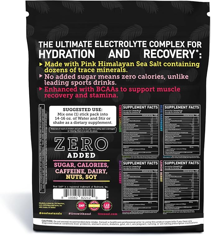 Zeal Naturals Enhanced Electrolyte Powder Stick Packs (Variety Pack - 20 Packets) Sugar Free + BCAA B-Vitamins & Pink Himalayan Salt - Keto Electrolytes, Hydration Powder