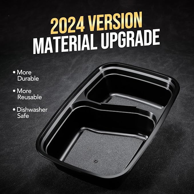 Glotoch 50 Pack 32oz 2 Compartment Meal Prep Container Microwave Safe, Food Prep Containers With Lids For Lunch/Deli/Takeout/Leftover, BPA-Free Freezer & Dishwasher Safe, Black