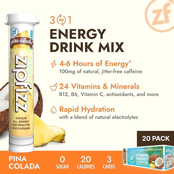 Zipfizz Daily Energy Drink Powder, Pina Colada, 20 Pack | 3-in-1 Sustained Energy, Rapid Hydration, and Essential Vitamins | Sugar-Free | Electrolyte Powder | Contains Vitamin B-12 & Antioxidants