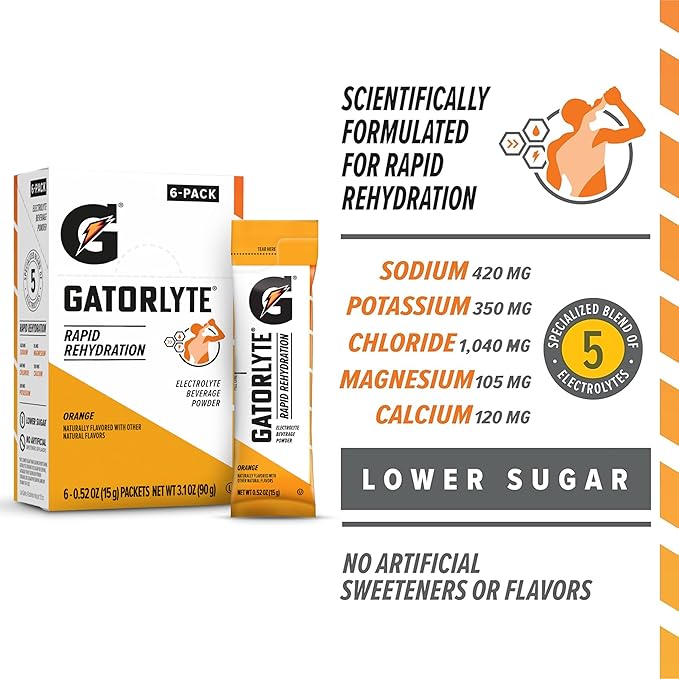 Gatorlyte Rapid Rehydration Electrolyte Beverage, Variety Pack, Lower Sugar, Specialized Blend of 5 Electrolytes, No Artificial Sweeteners or Flavors, 18 pack, 1 pack mixes with 16.9oz (500ml) water