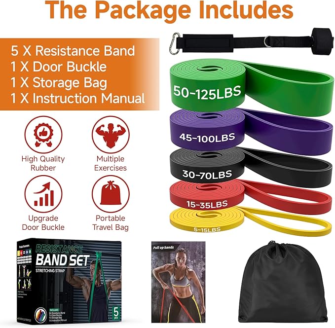 Resistance Bands Set with Door Anchor, Multi-Levels Pull Up Assistance Bands, Exercise Bands for Working Out, Stretching, Muscle Training, Physical Therapy (Men/Women)
