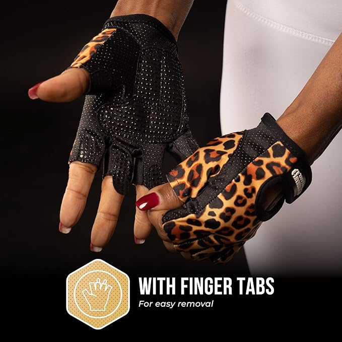 5297 Womens Design Series Leopard Print Lifting & Rowing Gloves (Pair) - Lightweight Vegan Medium Padded Microfiber Amara Leather w/Griplock Silicone
