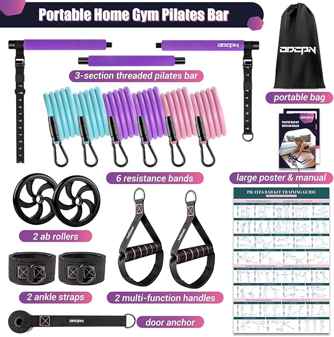 Pilates Bar Kit with Resistance Bands, Multifunctinal Exercise Bar with Ab Roller for Pilates/Abs/Weight Loss, Portable Home Gym Pilates bar kit for Full Body Training Women
