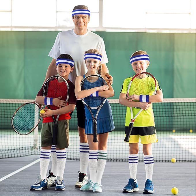 ONUPGO 5 Pieces Sweatbands Striped Socks Set Sports Headband Wristbands High Tube Socks 80s Accessories Costumes