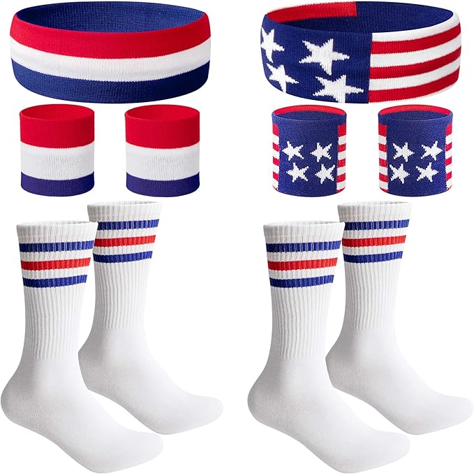 American Flag Sports Headband and Wristband- Striped Sweatband Set for Basketball, Football, Running, Gym, Exercise
