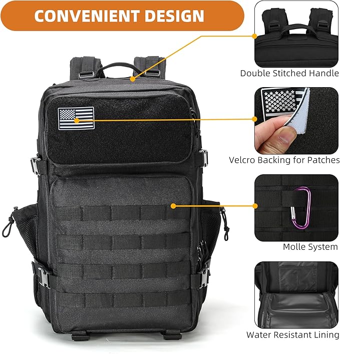 gracedon Military Tactical Backpack for Men and Women Army Camping Daypack Bug out Bag 45l Asault Pack for Travel Hiking (Black)