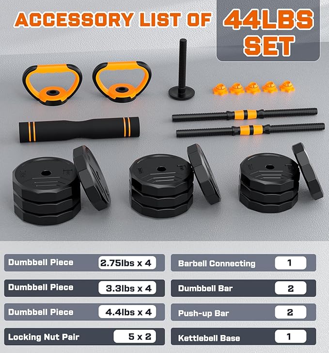 5-in-1 Adjustable Dumbbell Set, 33/44/66/88lbs Free Weights Set with Connector, Used as Kettlebells, Barbell, Push up Stand, Standard 1" Plates, Fitness Exercises for Home Gym Suitable Women/Men