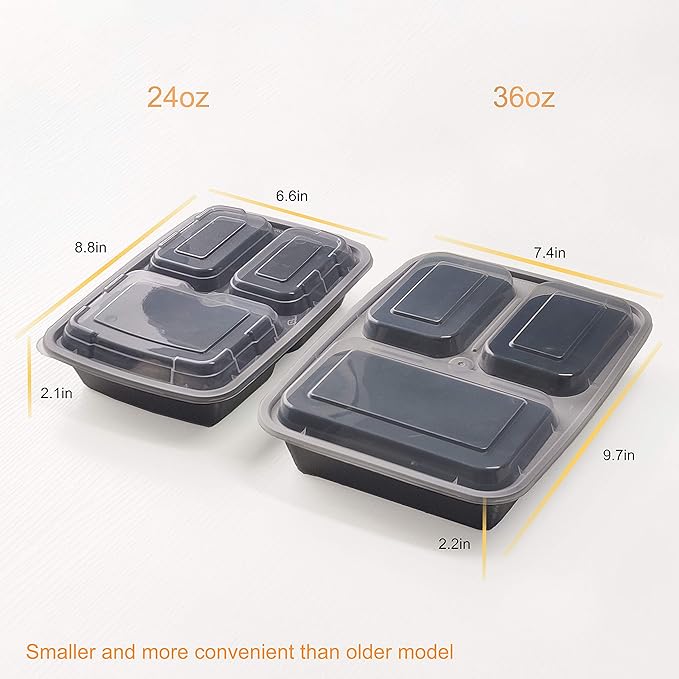 Enther Meal Prep Containers with Lids 20 Pack 3 Compartment Food Storage Bento Lunch Box BPA Free, Reusable, Microwave/Dishwasher/Freezer Safe, 24oz Black Small