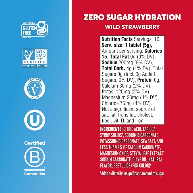 Nuun Zero Sugar Hydration Electrolyte Tablets - Sodium, Potassium, Chloride, Calcium, Magnesium, Light & Delicious Fruit Flavors, No Sugar, Gluten Free, Vegan, Wild Strawberry (80 Servings Total)
