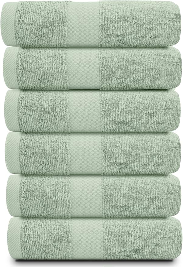 White Classic Luxury Hand Towels for Bathroom-Hotel-Spa-Kitchen-Set - Circlet Egyptian Cotton - 16x30 Inches - Set of 6 (Lt-Green)