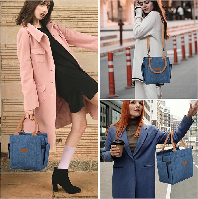 Joymee Lunch Bag Women Insulated Lunch Box with Adjustable Shoulder Strap Large Reusable Adult Lunch Box Lunch Tote Lunch Bag with Water Bottle Holder and Side Pockets for Work-Navy Blue