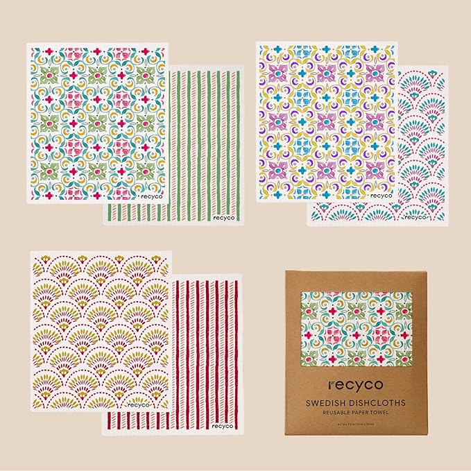 RECYCO Swedish Dishcloths for Kitchen | 6 Pack Boho Mosaic Bliss Washable Dish Rags | Cellulose Reusable Cleaning Paper Towels | Absorbent Counter Dish Cloth Sponge Kitchen Wipes, 8" L x 7" W