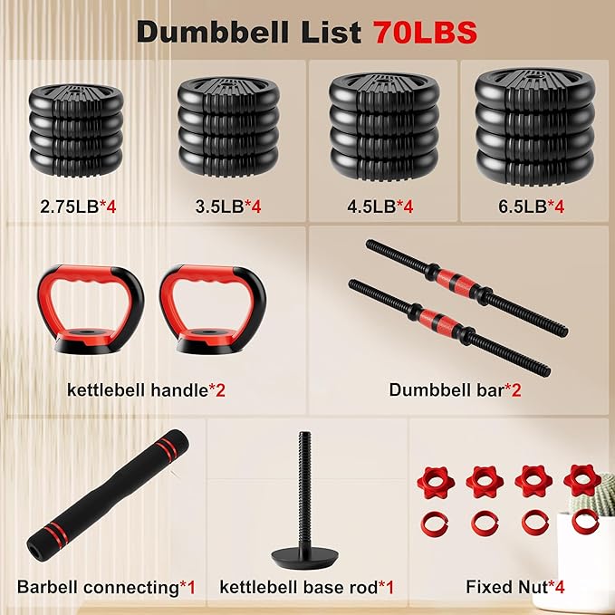 Adjustable Dumbbell Set, 10/20/30/45/70/90lbs Free Weight Set with Connector, 4 in1 Dumbbells Set Used as Barbell, Kettlebells, Push up Stand, Fitness Exercises for Home Gym Suitable Men/Women