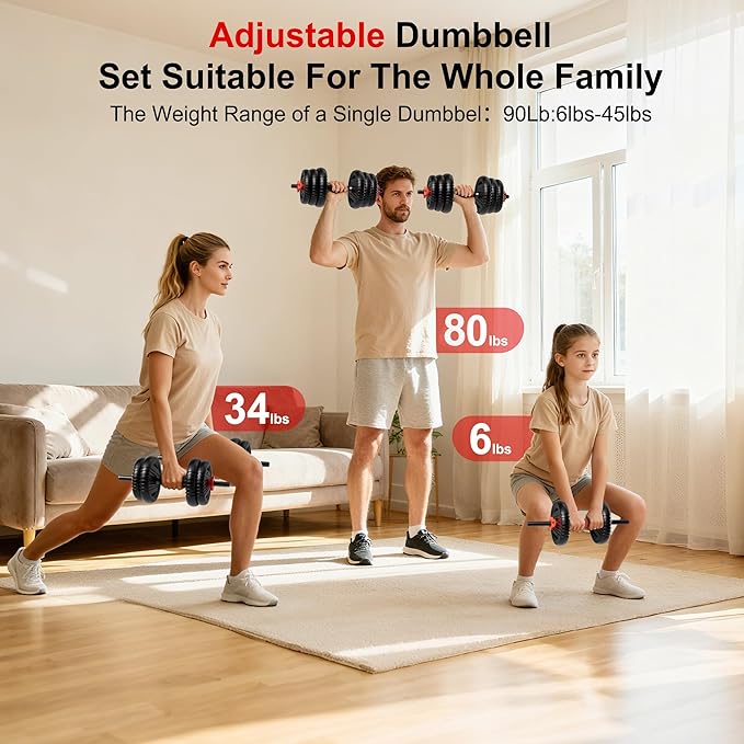 Adjustable Dumbbell Set, 10/20/30/45/70/90lbs Free Weight Set with Connector, 4 in1 Dumbbells Set Used as Barbell, Kettlebells, Push up Stand, Fitness Exercises for Home Gym Suitable Men/Women