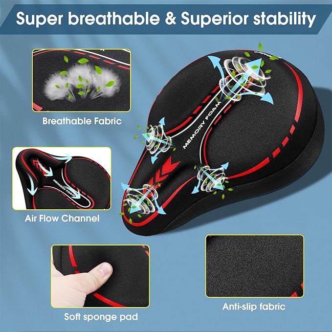 MSDADA New Large Gel Bike Seat Cover, Extra Soft Bike Seat Cushion for Men Women Comfort Wide, Fits Indoor/Outdoor/Exercise Bikes (11.22 inch x 10.03 inch)