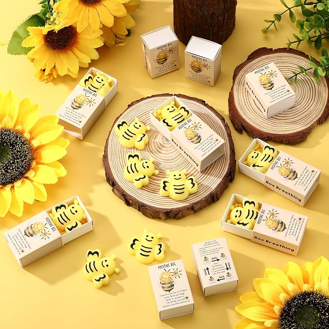 Wettarn 50 Sets Bee Gifts Positive Cute Stress Balls with Support Gift Boxes Inspirational Party Favors for Employee Coworker Friends Office Stress Relief Toys