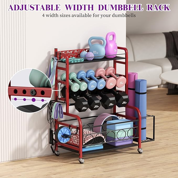 400LBS Dumbbell Rack, VOPEAK Adjustable Weight Rack for Home Gym, Home Gym Storage Rack for Yoga Mat Kettlebells and Strength Training Equipment, Weight Storage Rack for Dumbbells with Wheels