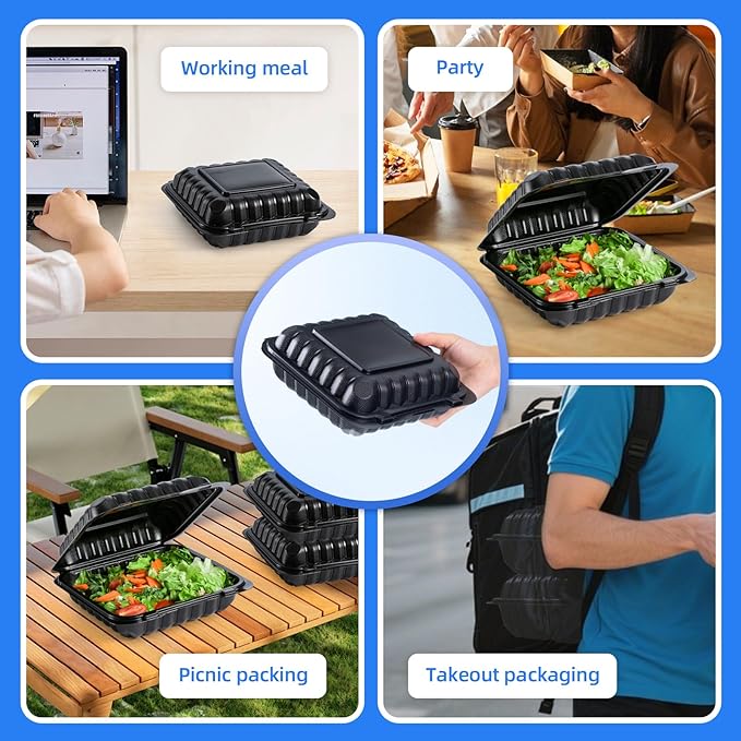 YANGRUI Takeout Containers 8 Inch 34 oz 55 Pack - Mineral Filled BPA Free Polypropylene Plastic | Shrink Wrapped Freezer & Microwave Safe | Black Reusable Hinged Clamshell Food Container