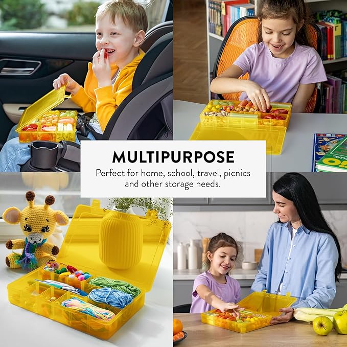 Large Kids Snack Box Containers Set of 2 -100 Labels, BPA-Free, Adjustable Compartments, Dishwasher Safe, Reusable Tray, Food Grade, Meal Prep Container, PARENT TESTED PARENT APPROVED AWARD (Yellow)