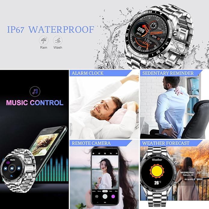 FILIEKEU Men Smart Watch for Android iOS, Bluetooth Calls Voice Chat with Heart Rate/Sleep Monitor Fitness Tracker, 1.3" Full Touch Screen IP67 Waterproof Stainless Steel Activity Tracker for Men