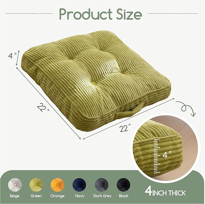 Washable Floor Pillow Cushion for Adults, Meditation Cushion Pillow, Large Square Floor Sitting, Removable Tufted Corduroy Cover, for Tatami Living Room or Yoga, 22x22 Inch, 2Pack, Machine Washable