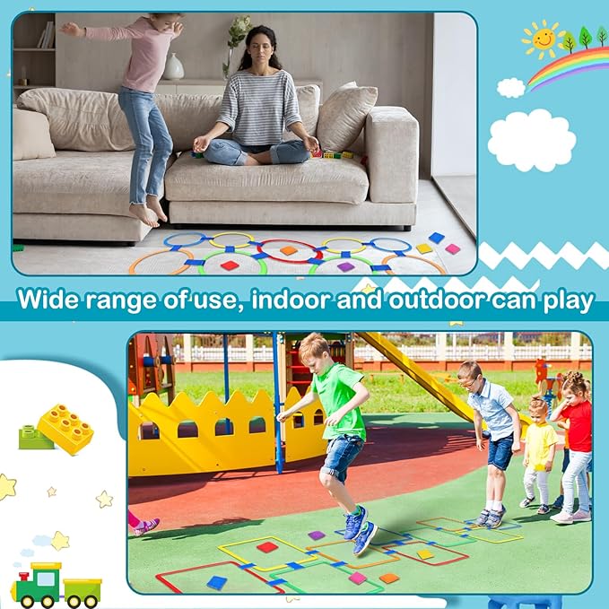 2 Sets of 2 in 1 Hopscotch and Beanbag Toss Kit Include Hopscotch Ring Game Set and Squares Set 8 Pcs Beanbags for Indoor Game Outdoor Agility Portable Summer Conditioning Agility Training