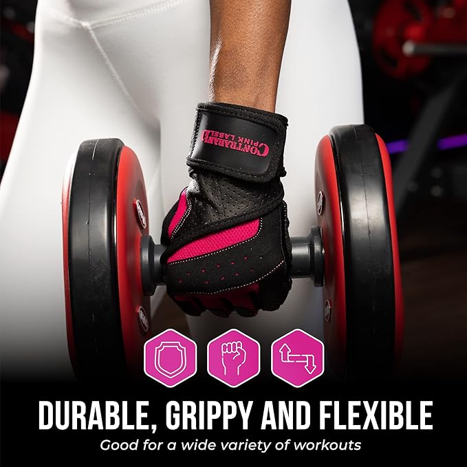 5737 Womens Padded Wrist Wrap Weight Lifting Gloves w/GripLock Padding (Pair) - Machine Washable Fingerless Workout Gloves w/Wrist Support Designed for Women
