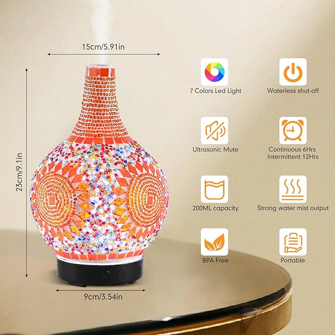 Mosaic Glass Diffuser, Tiffany Aromatherapy Diffuser 7 Color Changing Turkish LED Cold Air Diffuser Sunflower Moroccan Essential Oils for Diffusers for Home Office