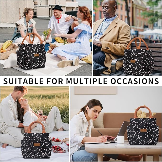 Joymee Lunch Bag Women Insulated Lunch Box Reusable Leakproof Large Spacious Cooler Tote for Women Men Adult with Bottle Holder and Side Pockets for Work Office Travel Picnic - Love Heart