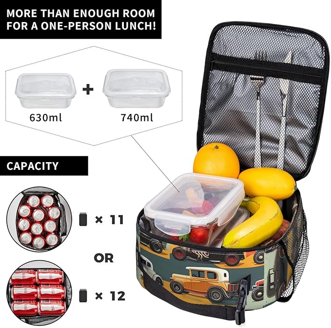 Insulated Lunch Box for Women Men, Cars Theme Lunch Box Reusable Portable Lunch Bag Cooler Tote Waterproof Lunch Container for Office Picnic Work Travel