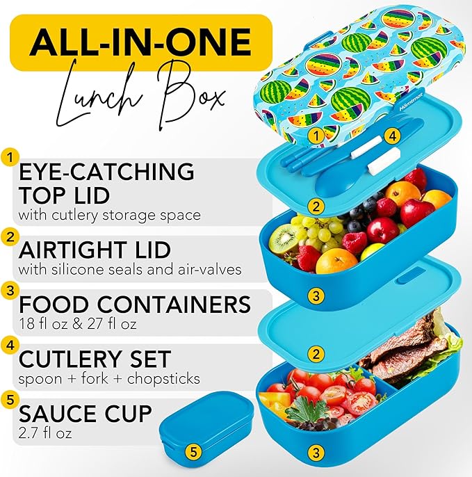 Insulated Stackable Bento Box for Adults with Reusable Chopsticks Japanese Lunch Box Microwavable & Leak Proof Lunch Containers for Men & Women Modern Cute Food Container with Compartments (Blue)