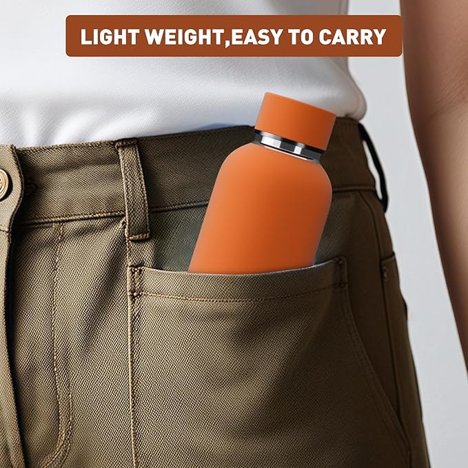 Small Water Bottle 12oz with Clip, Double Wall Stainless Steel Vacuum Small Insulated Water Bottle Keeps Drinks Cold 24 Hrs/Hot 12 Hrs for Kids Handbag School BPA Free (Bright Orange)