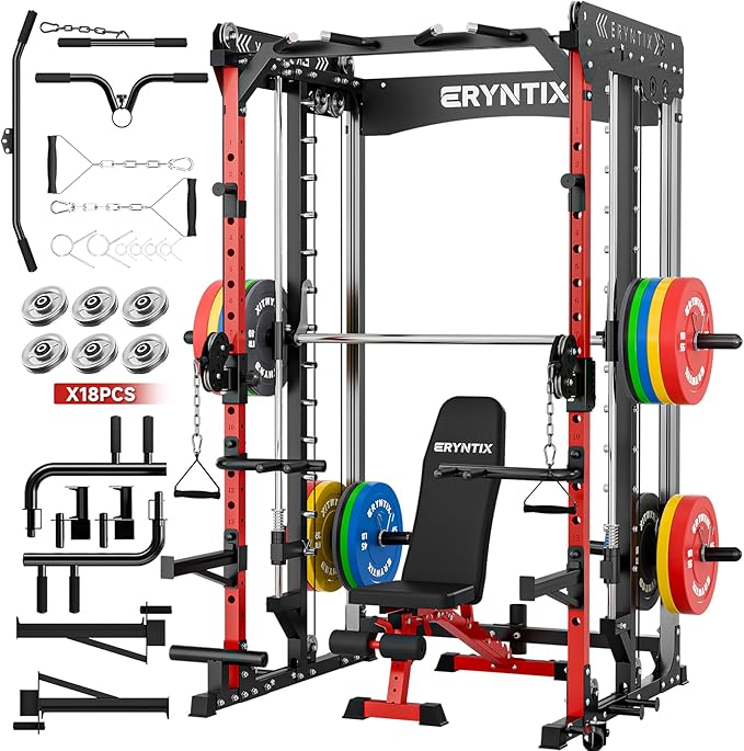 Smith Machine Power Rack, Eryntix All-in-One Power Cage with Cable Crossover, Squat Rack, LAT Pulldown & Pull-Up Bar, 2600LBS Capacity Home Gym Equipment with 18 Attachments for Strength Training