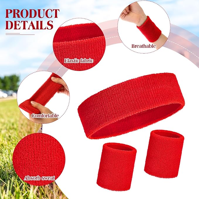 24 Pieces 80s Neon Sweatbands Set, Include 8 Sports Headbands and 16 Sweat Wristbands Elastic Athletic Tennis Sweat Bands Bulk for Man Woman