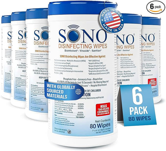 SONO Disinfecting Wipes - Alcohol-Free, No Bleach, Medical-Grade I Multi-Surface Cleaning for Home, School, Office I Gentle on Electronic Devices I Everyday Use I 480 CT (Canister of 6)