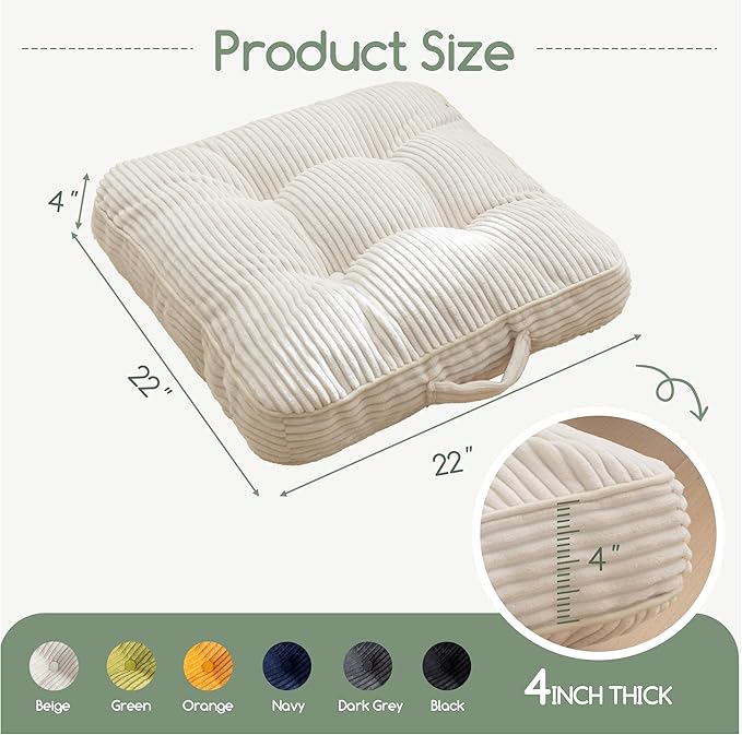 HIGOGOGO Washable Floor Pillow Cushion for Adults, Meditation Cushion Pillow, Large Square Floor Sitting, Removable Tufted Corduroy Cover, for Tatami Living Room or Yoga, 22x22 Inch, Machine Washable