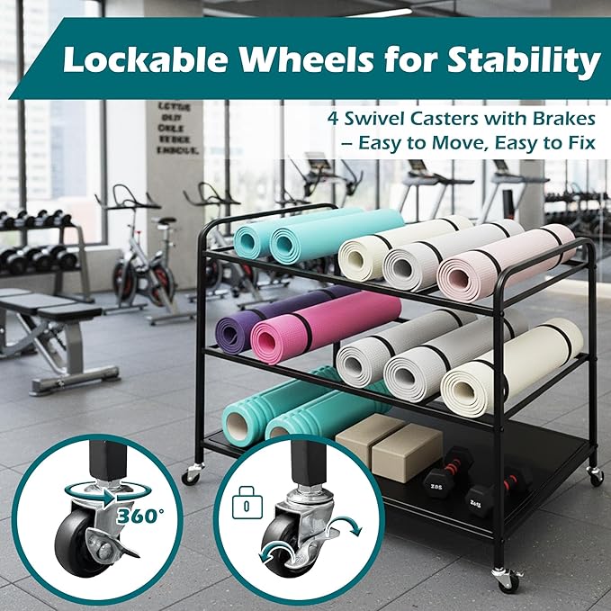 Yoga Mat Storage Basket,Yoga Mat Rack with Lockable Wheels,Holds up to 90lbs Gym Equipment Organizer Holder for Dumbbells, Kettlebells and Foam Rollers (Black)