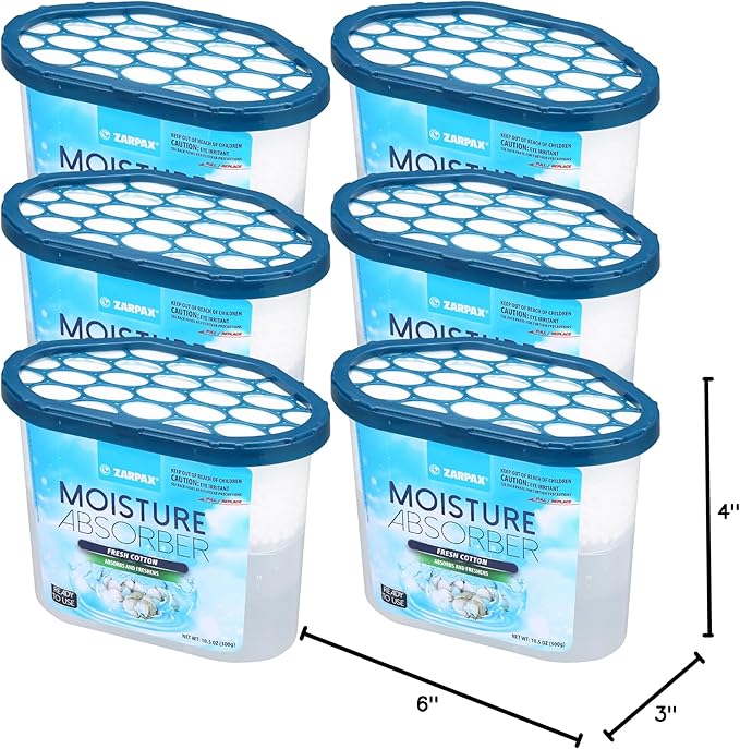 Moisture Absorber Fresh Cotton 10.5 oz/300g | Removes Moisture, Damp & Humidity | Odor Absorber With Fresh Cotton Fragrance | Moisture Trap for Bathroom, Closet, Kitchen | Set of 6