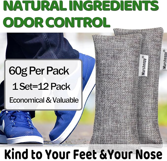Marsheepy 12 Pack Charcoal Shoe Deodorizer Bags, Bamboo Charcoal Air Purifying bags, Odor Absorber, Odor Eliminator for shoes, Home, Closet, Pet