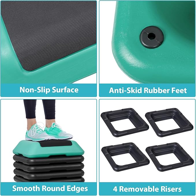 Smartxchoices 16 Inch Adjustable Aerobic Stepper Exercise Workout Step Platform Bench with 4 Risers 4"-6''-8''-10''-12' Height for Home Gym Fitness Training High Step Aerobics Platform