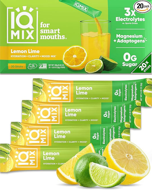 IQMIX Hydration Electrolyte Powder – 4-in-1 Formula for Hydration, Mental Clarity, Mood and Recovery – Sugar-Free Drink Mix, Keto, Magnesium L-Threonate, Lion’s Mane – 20 Count Lemon Lime